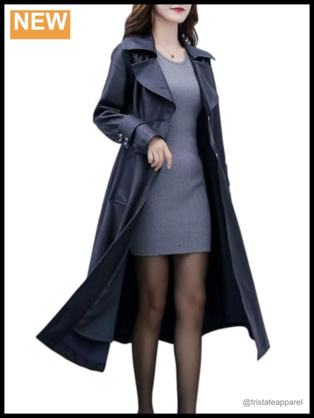 Women's Faux Leather Long Trench Coat with Notch Lapel, Button Front